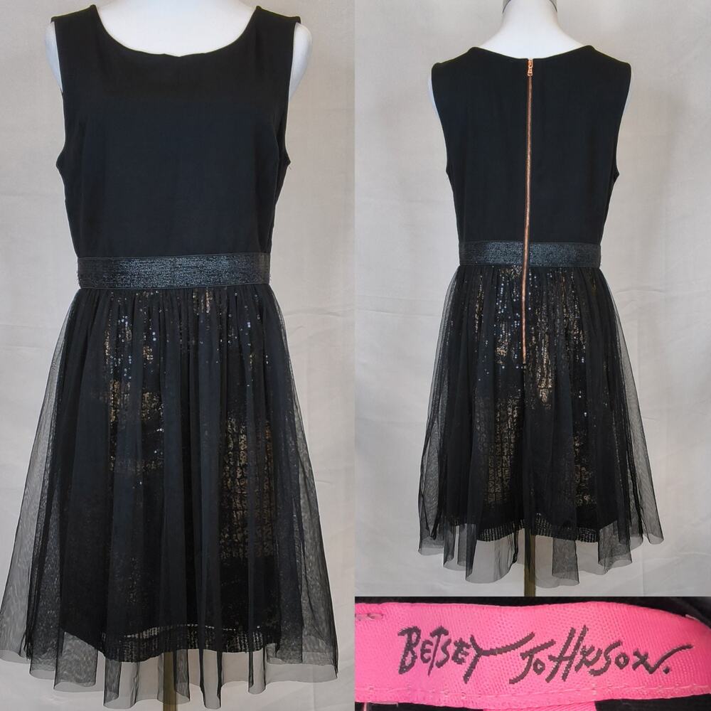 Betsey Johnson Tulle Mini Dress Womens 12 Black/Bronze Sequins Sleeveless #W5558